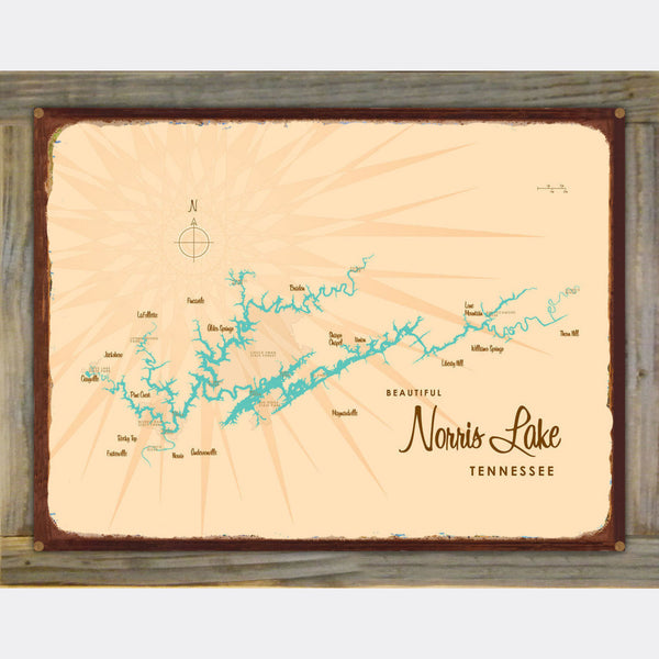 Norris Lake Tennessee, Wood-Mounted Rustic Metal Sign Map Art