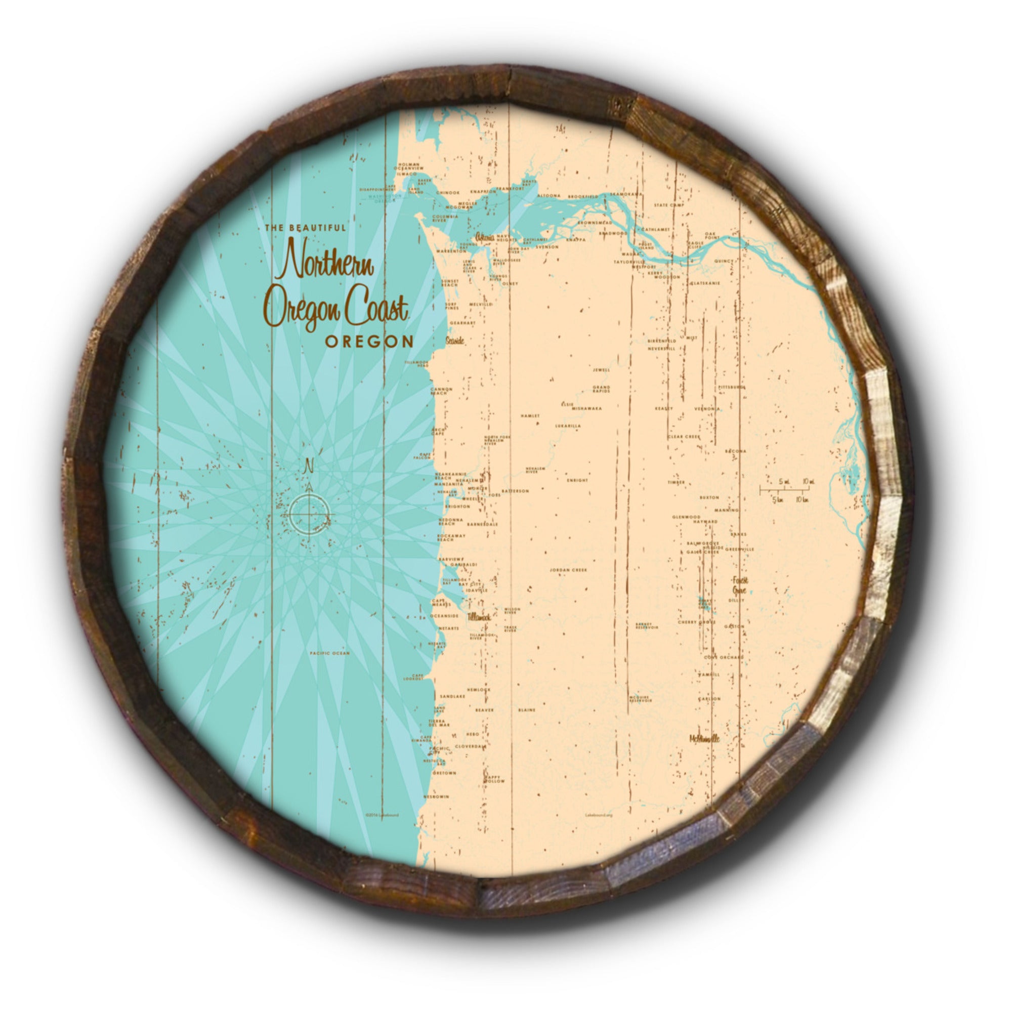 Northern Oregon Coast Oregon, Rustic Barrel End Map Art