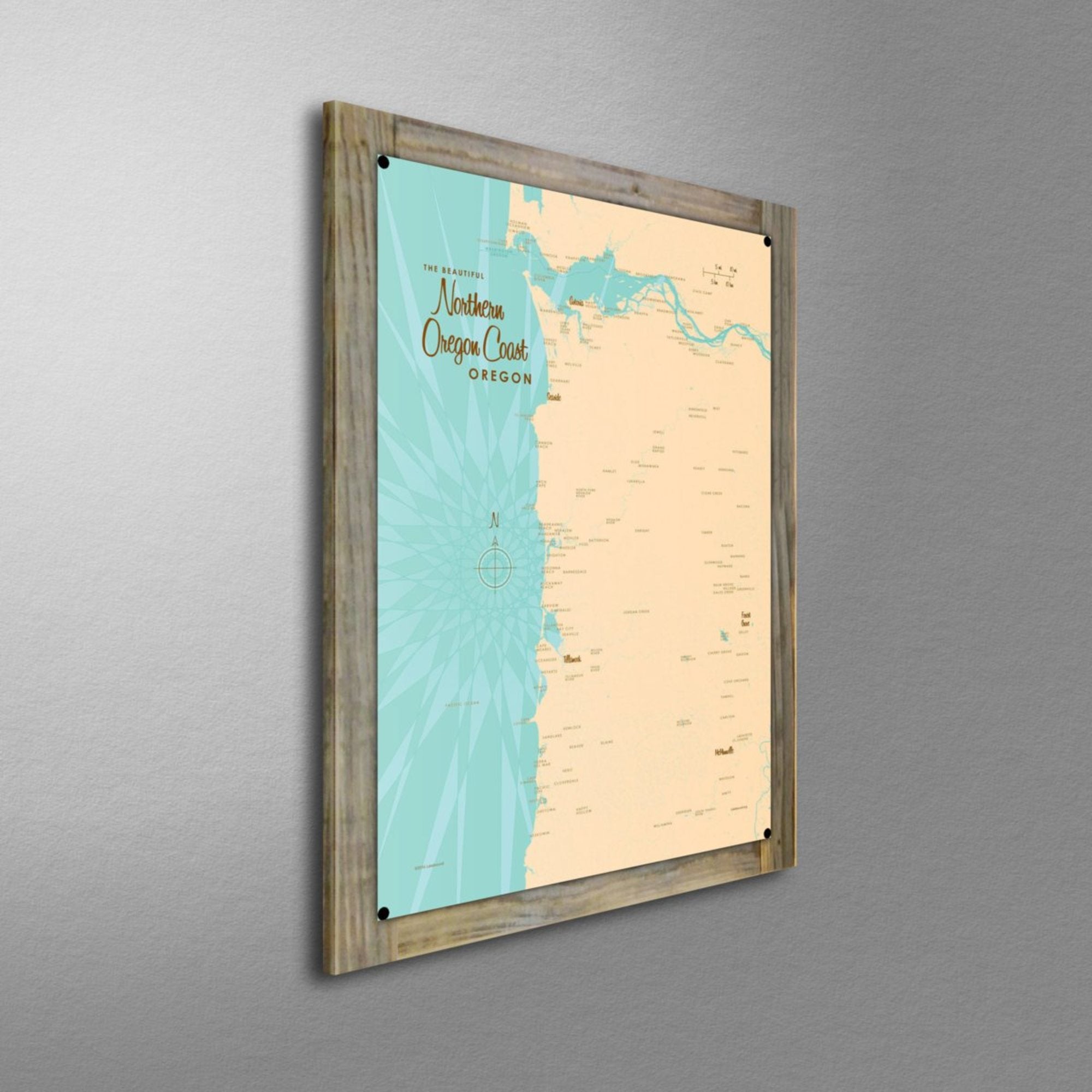 Northern Oregon Coast, Wood-Mounted Metal Sign Map Art
