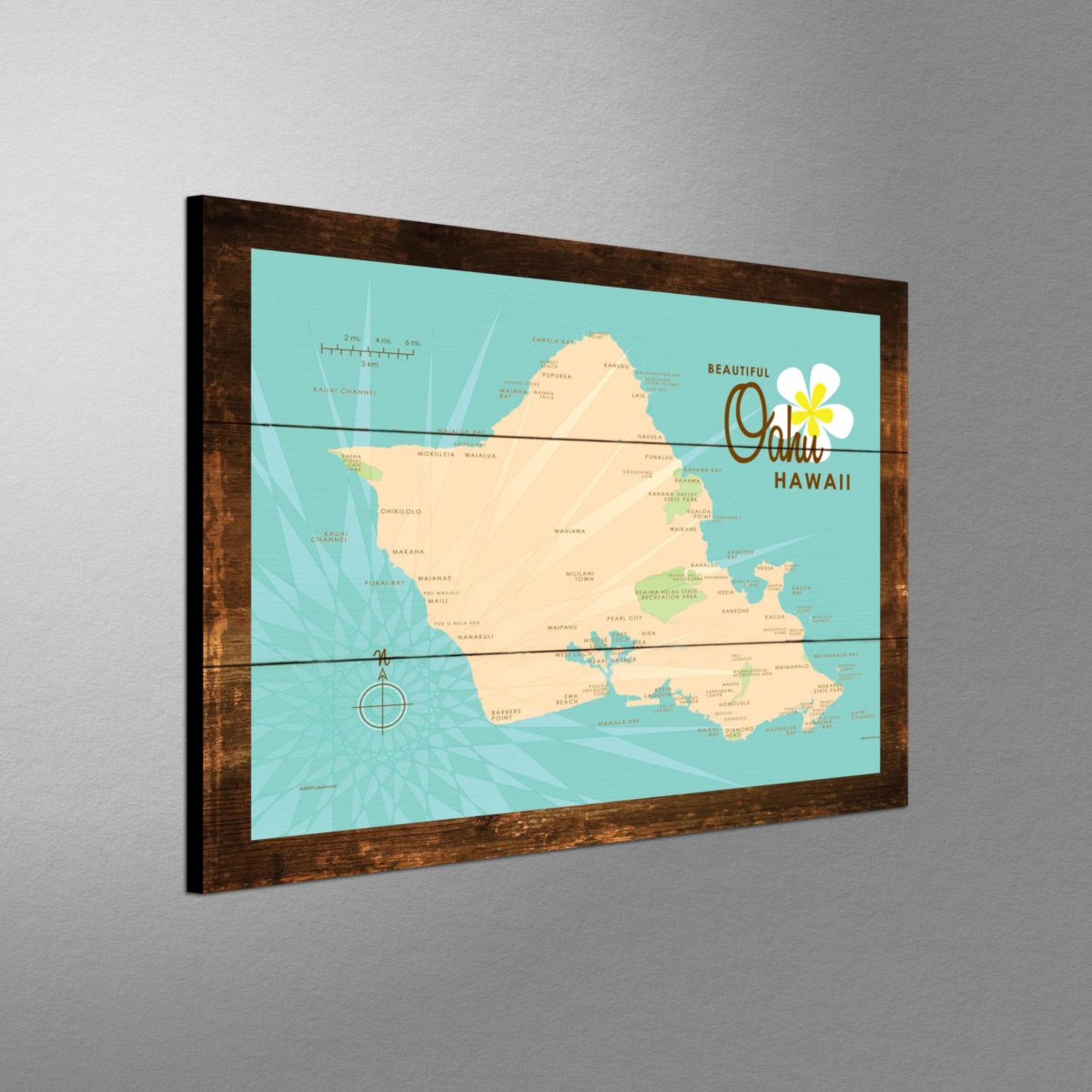 Oahu, Rustic Wood Sign Map Art