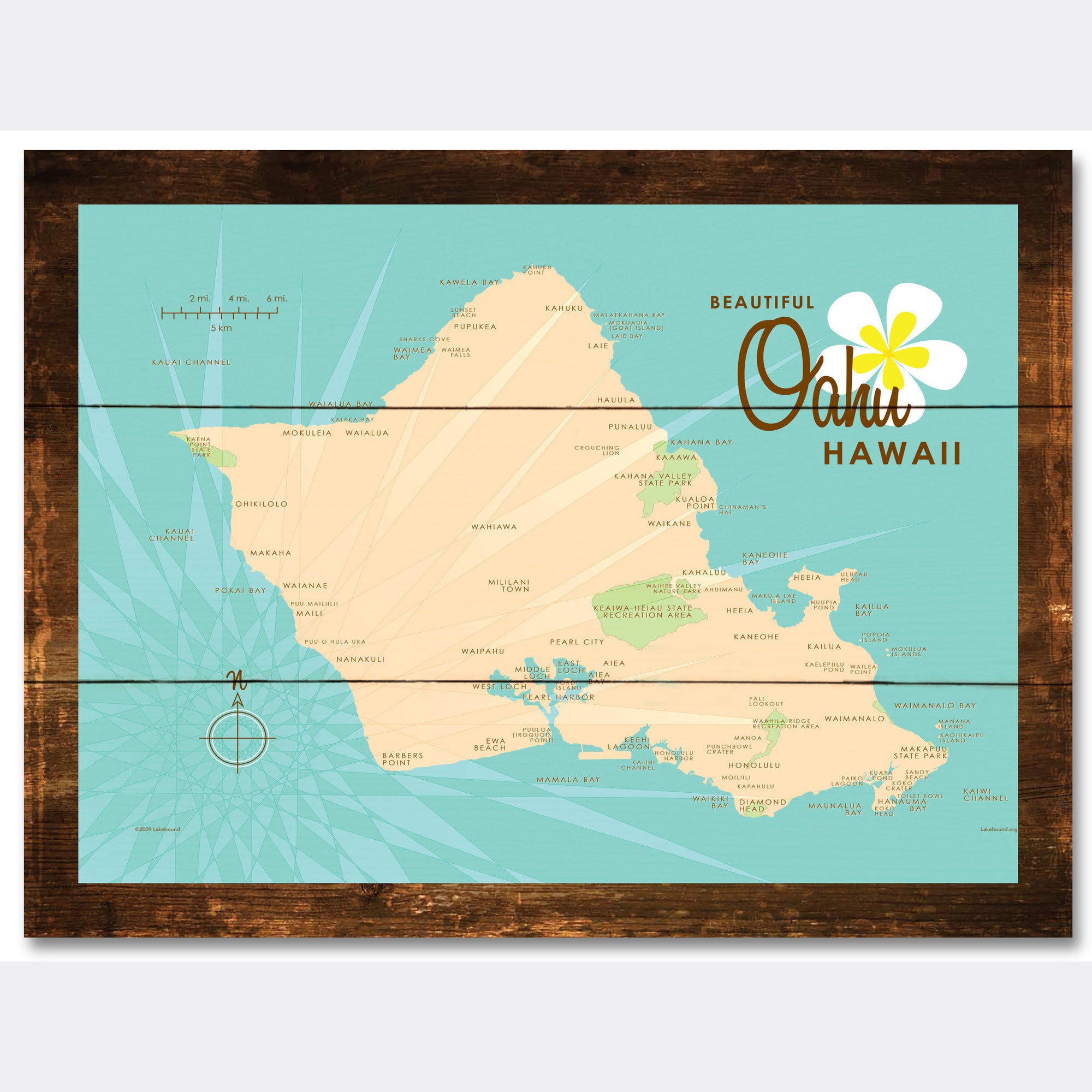 Oahu, Rustic Wood Sign Map Art