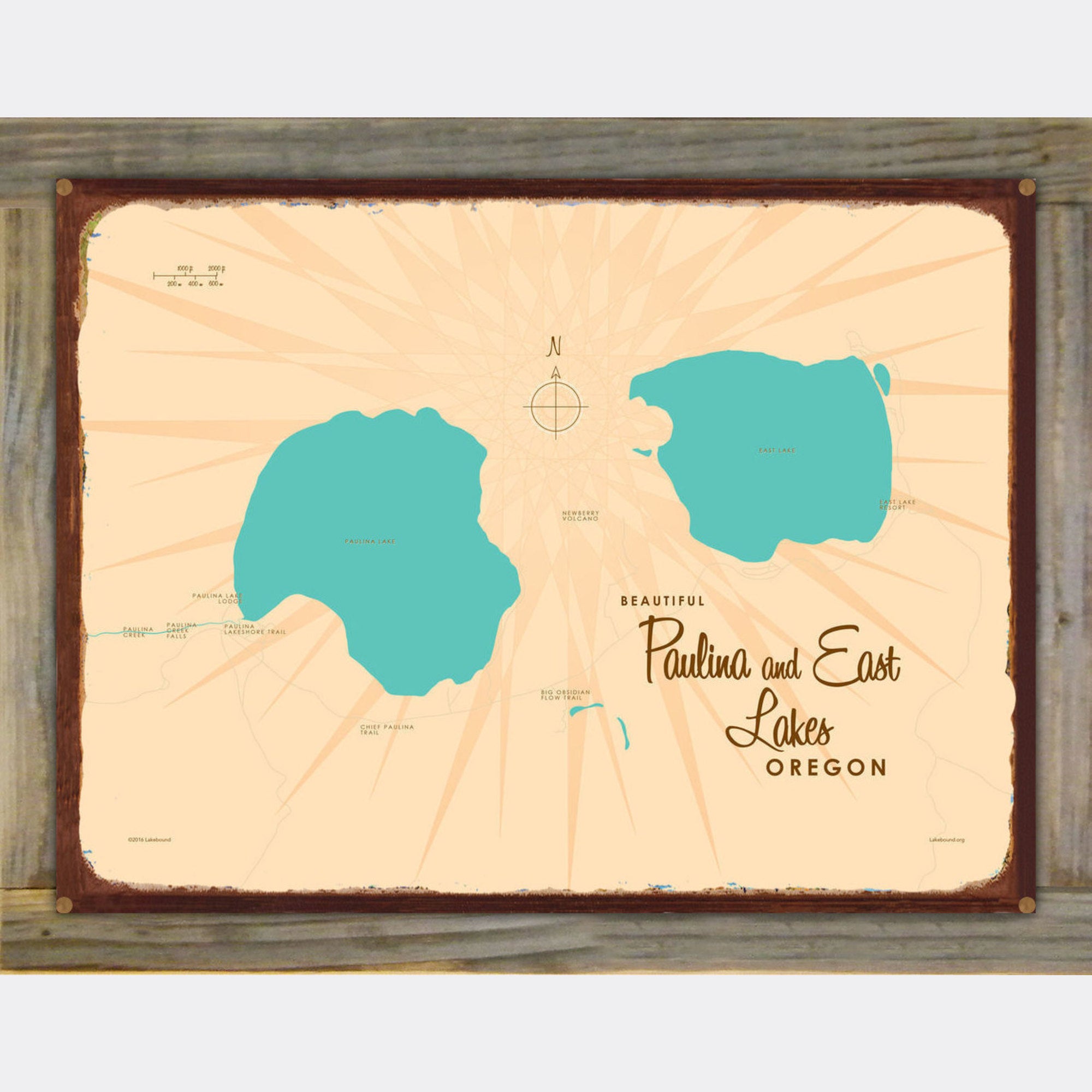Paulina & East Lakes Oregon, Wood-Mounted Rustic Metal Sign Map Art
