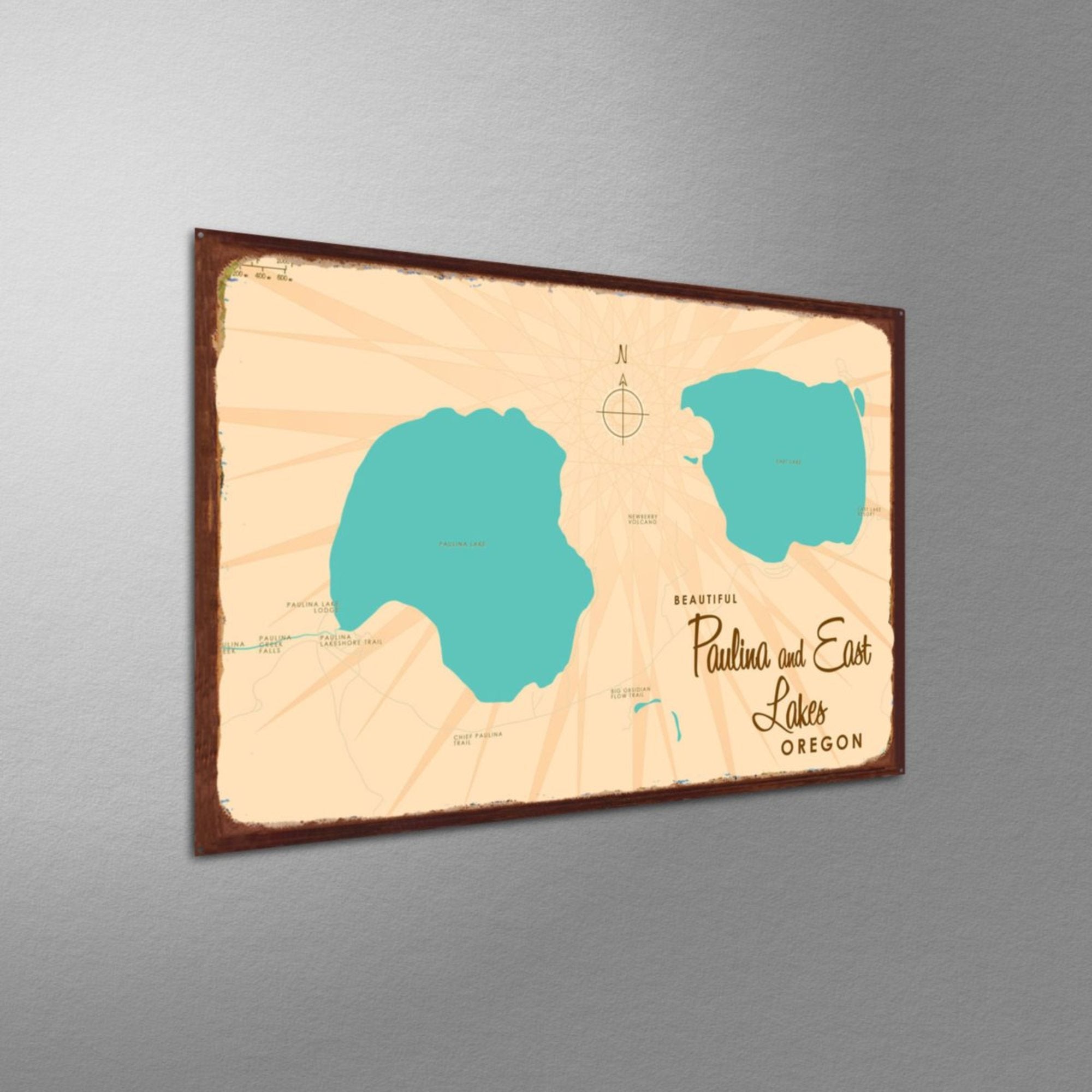 Paulina & East Lakes Oregon, Rustic Metal Sign Map Art