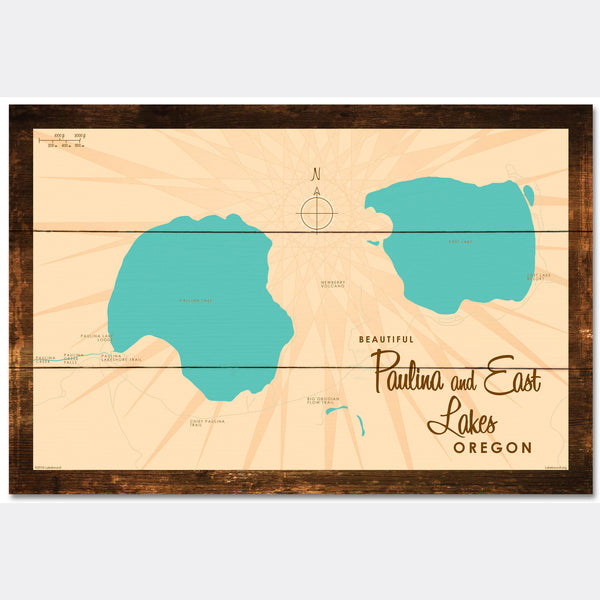 Paulina & East Lakes Oregon, Rustic Wood Sign Map Art