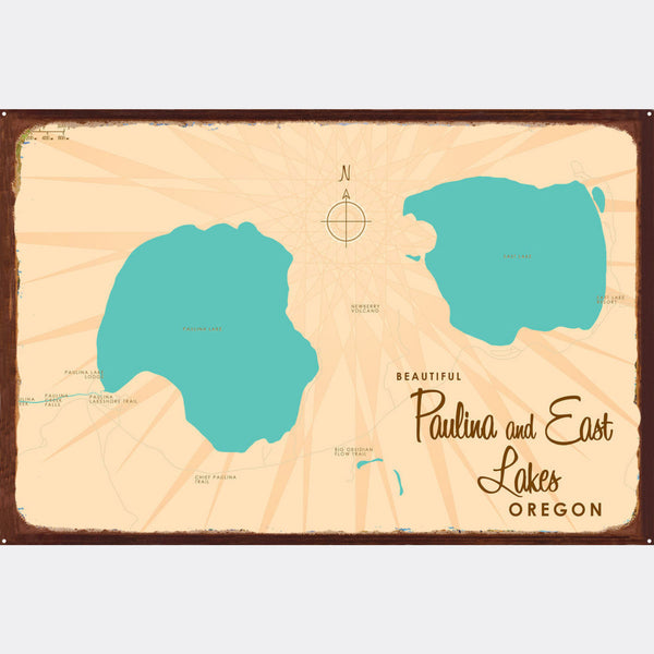 Paulina & East Lakes Oregon, Rustic Metal Sign Map Art