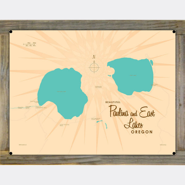Paulina & East Lakes Oregon, Wood-Mounted Metal Sign Map Art