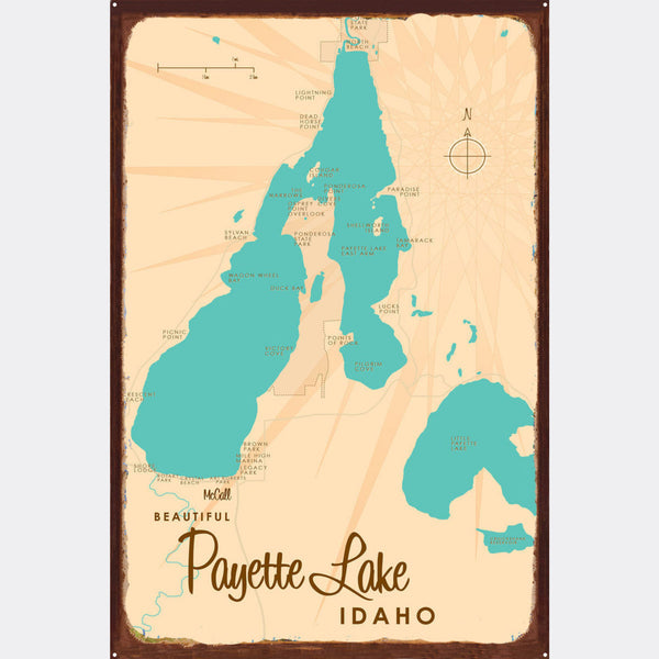Payette Lake Idaho, Rustic Metal Sign Map Art