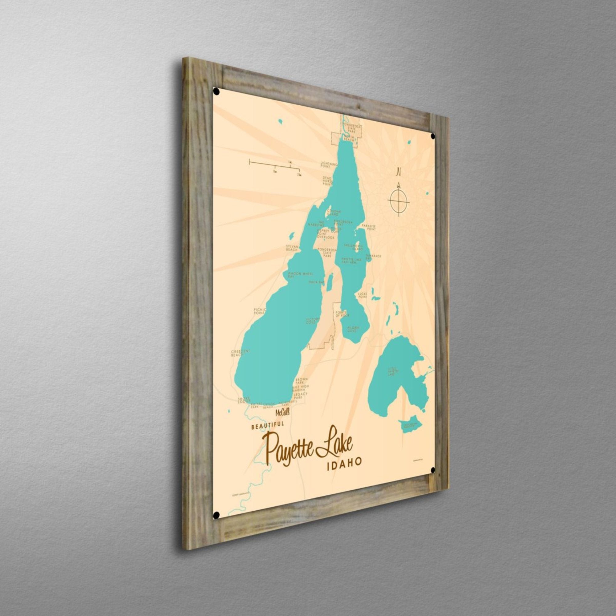 Payette Lake Idaho, Wood-Mounted Metal Sign Map Art