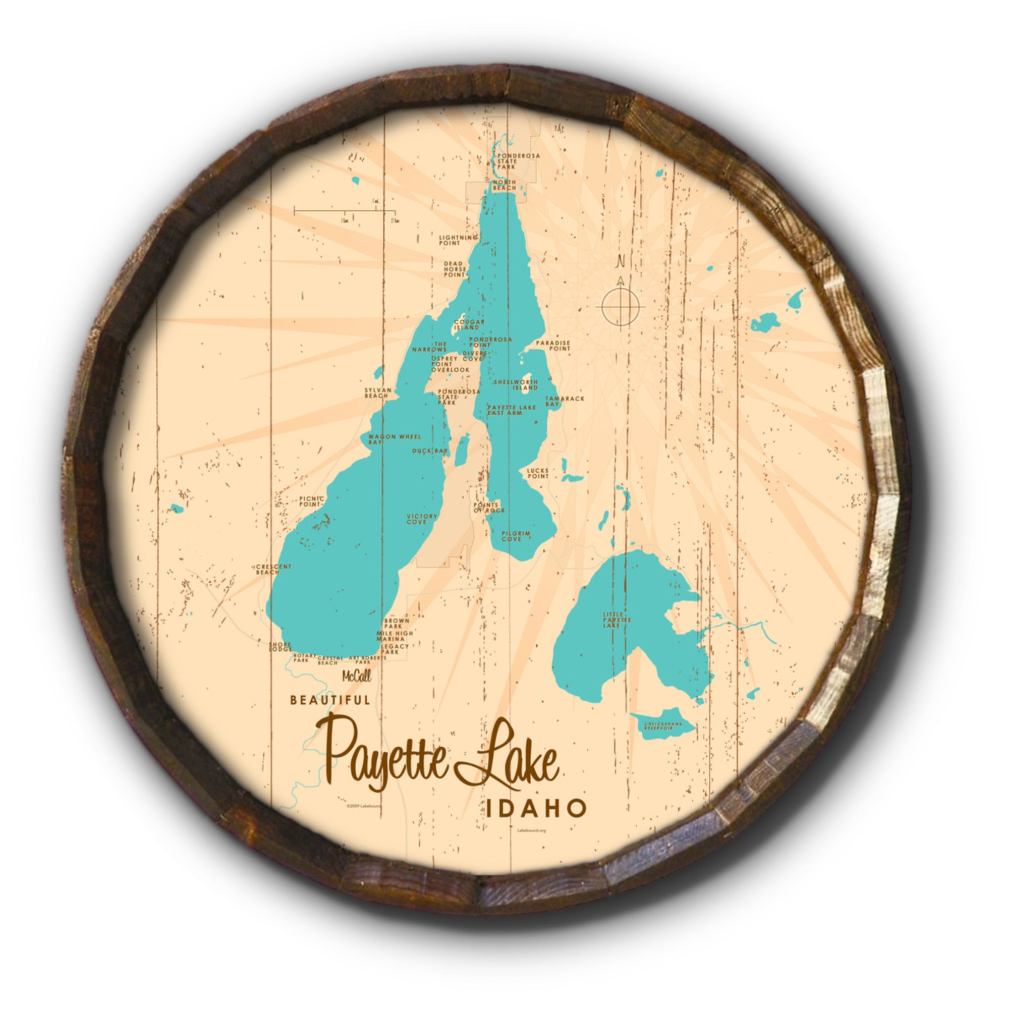 Payette Lake Idaho, Rustic Barrel End Map Art