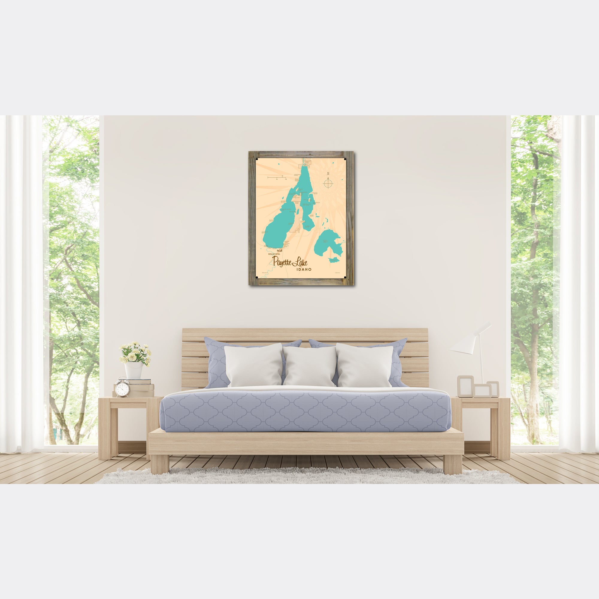 Payette Lake Idaho, Wood-Mounted Metal Sign Map Art