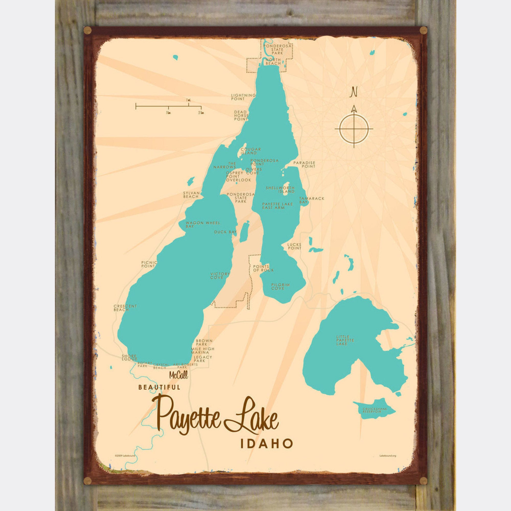 Payette Lake Idaho, Wood-Mounted Rustic Metal Sign Map Art