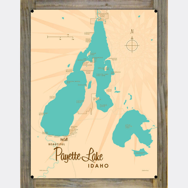 Payette Lake Idaho, Wood-Mounted Metal Sign Map Art