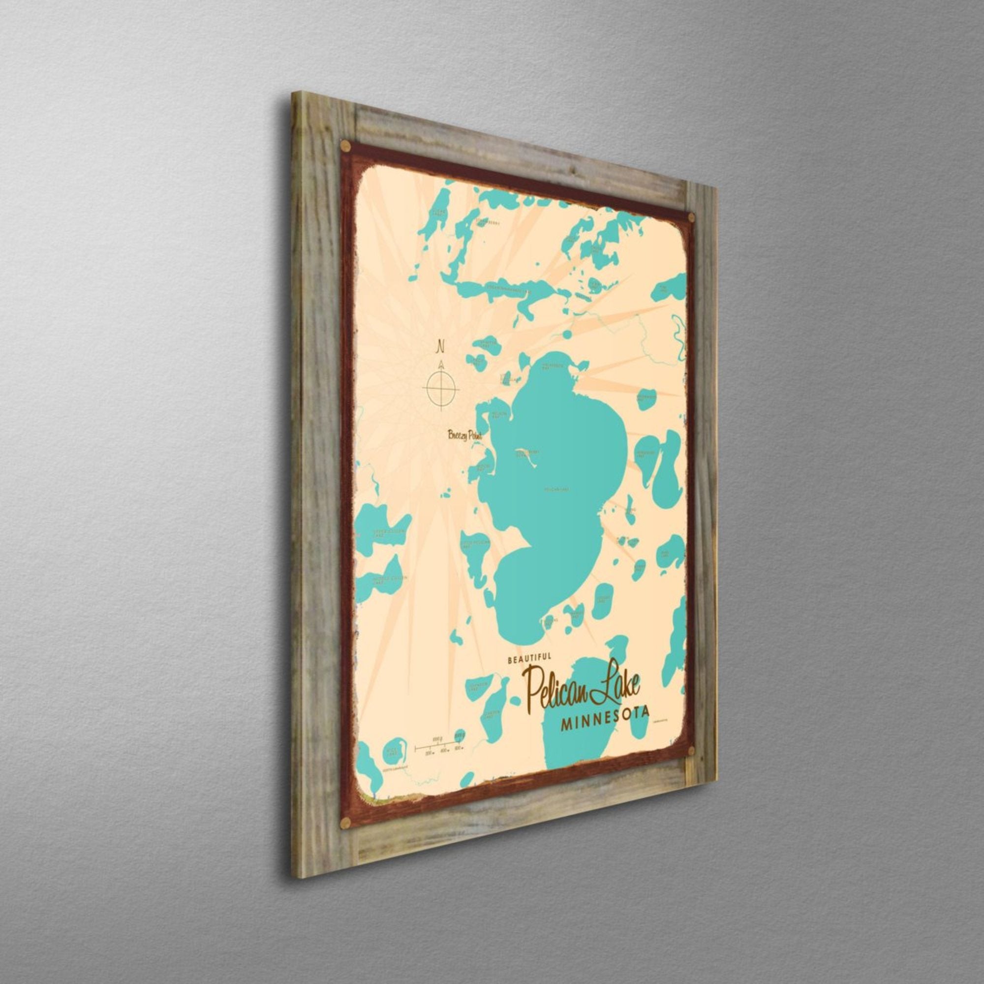 Pelican Lake Minnesota (Crow Wing County) , Wood-Mounted Rustic Metal Sign Map Art