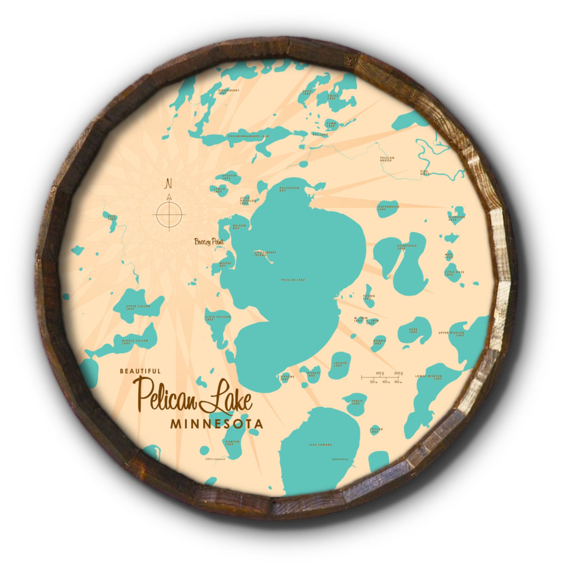 Pelican Lake Crow Wing County Minnesota, Barrel End Map Art