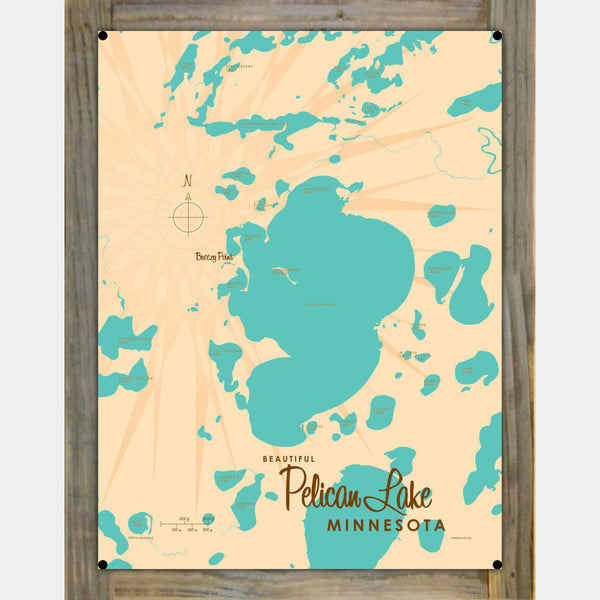 Pelican Lake Minnesota (Crow Wing County) , Wood-Mounted Metal Sign Map Art