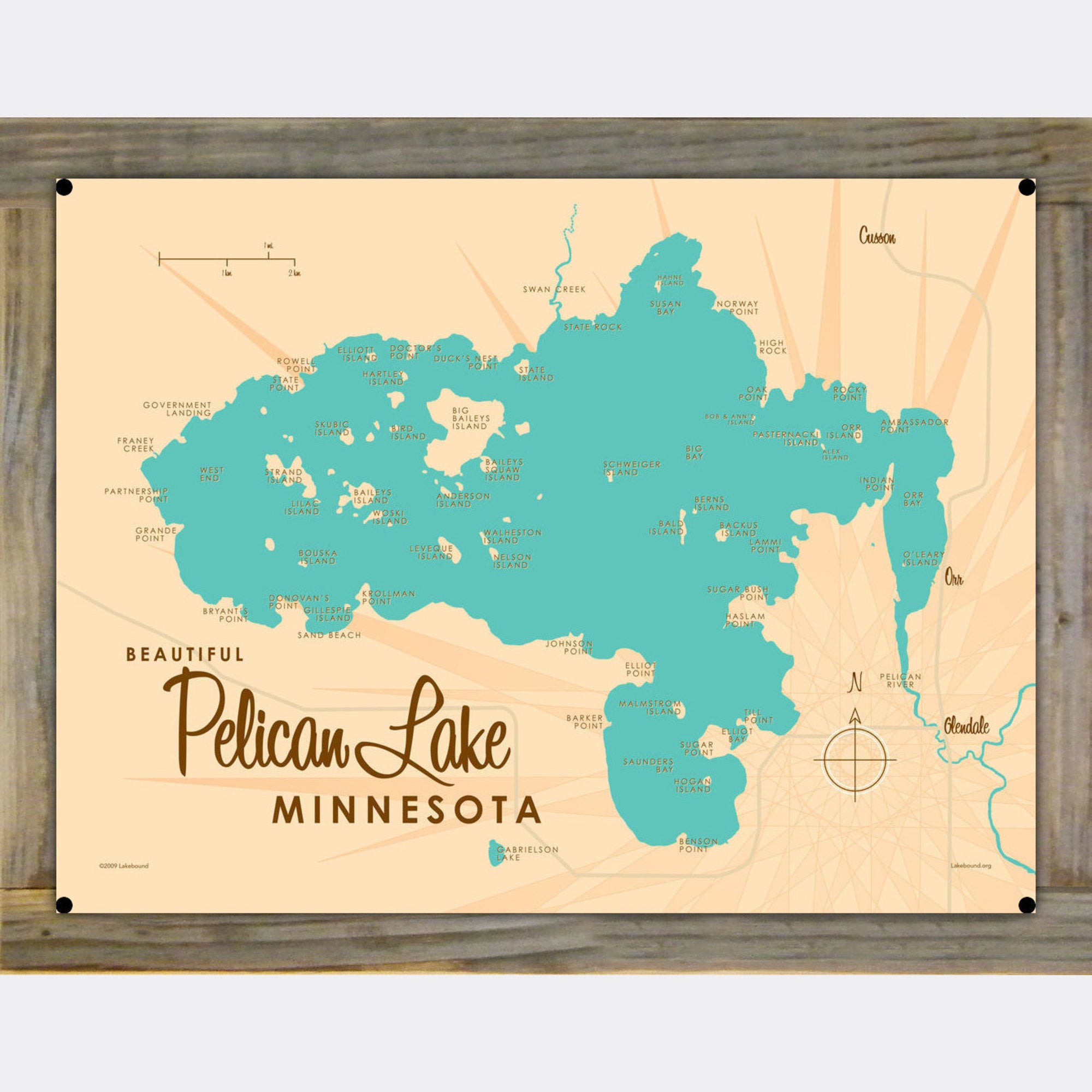 Pelican Lake Minnesota (St. Louis County) , Wood-Mounted Metal Sign Map Art