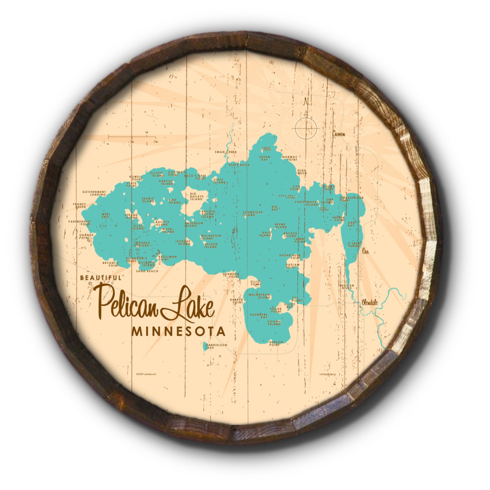 Pelican Lake St. Louis County Minnesota, Rustic Barrel End Map Art