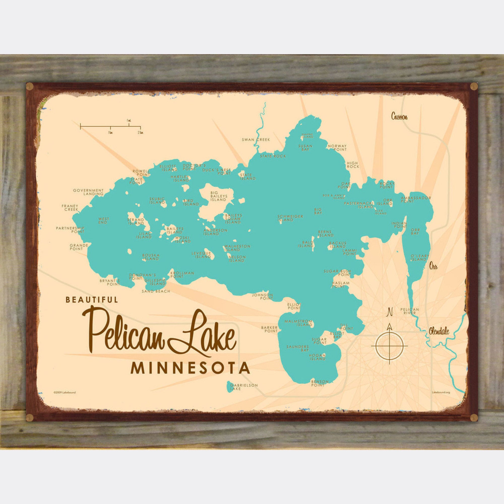 Pelican Lake Minnesota (St. Louis County) , Wood-Mounted Rustic Metal Sign Map Art