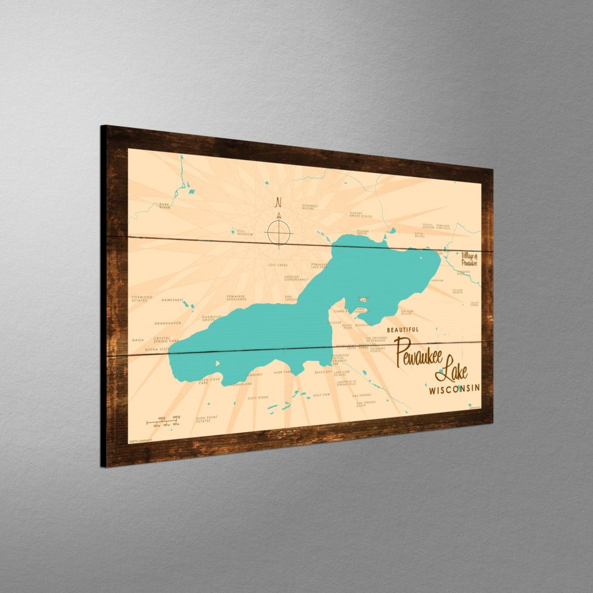 Pewaukee Lake Wisconsin, Rustic Wood Sign Map Art