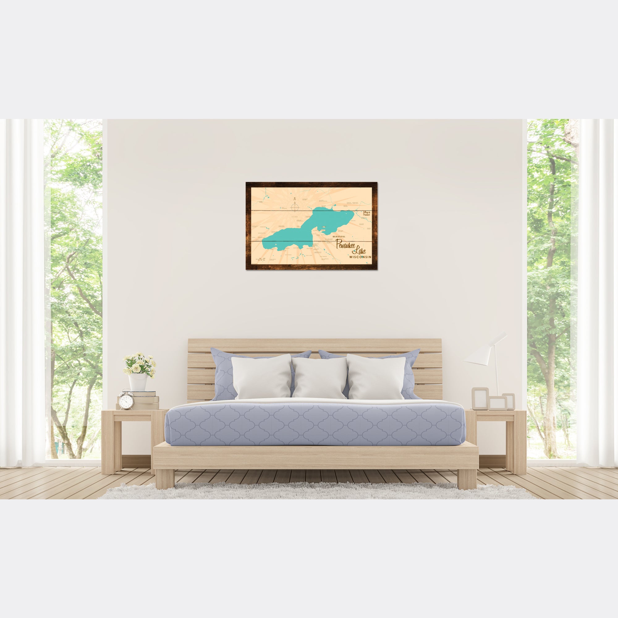 Pewaukee Lake Wisconsin, Rustic Wood Sign Map Art