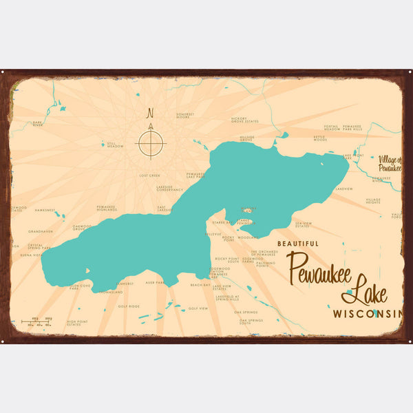 Pewaukee Lake Wisconsin, Rustic Metal Sign Map Art