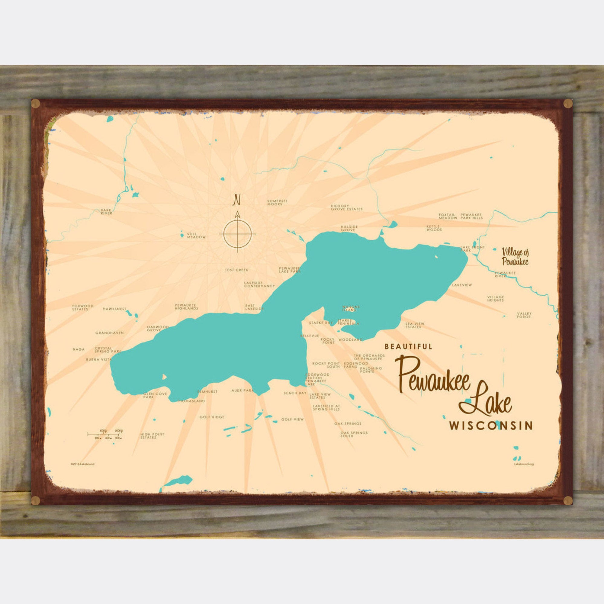 Pewaukee Lake Wisconsin, Wood-Mounted Rustic Metal Sign Map Art