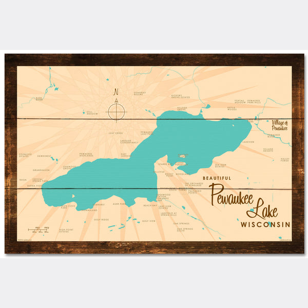 Pewaukee Lake Wisconsin, Rustic Wood Sign Map Art