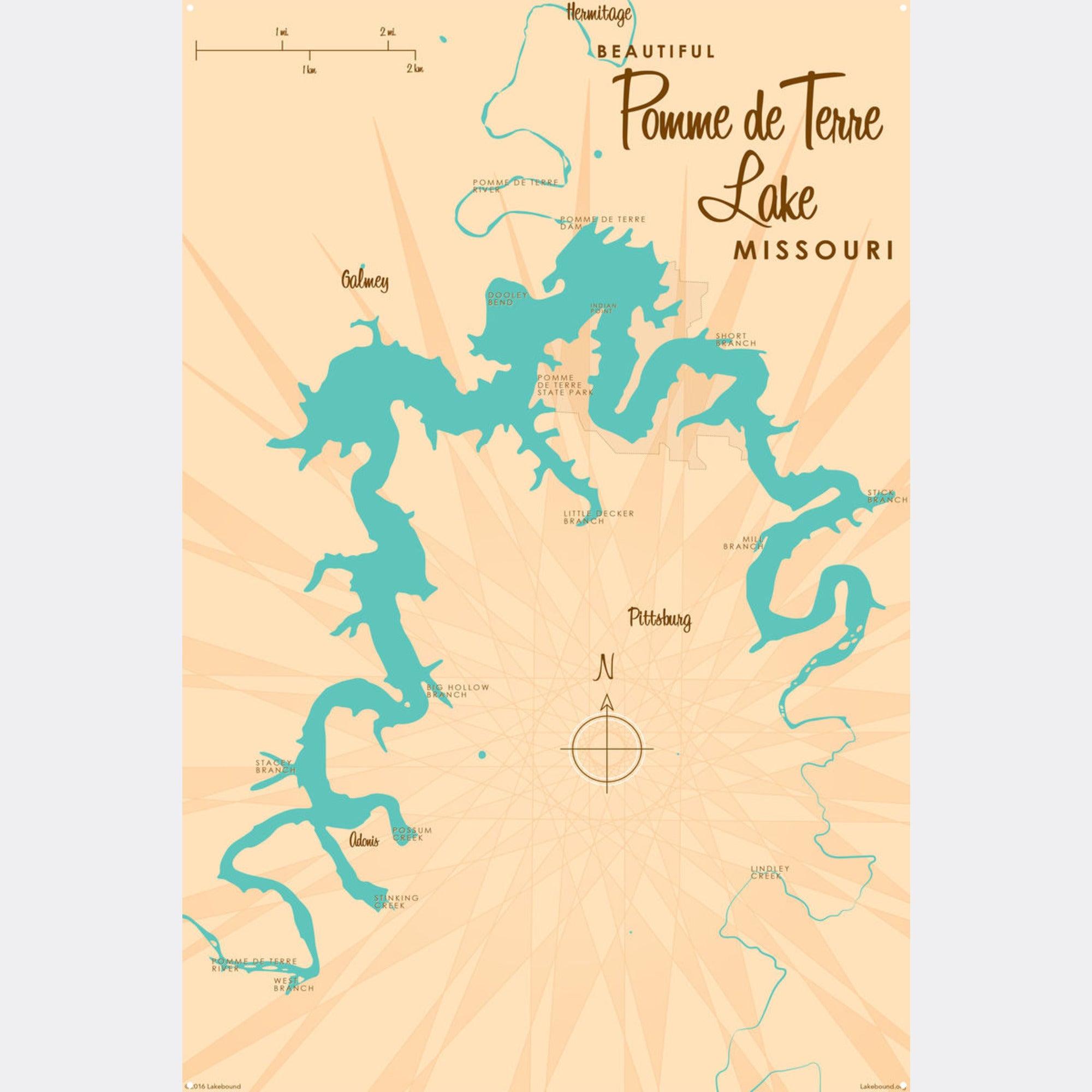 Pomme de Terre Lake Missouri, Metal Sign Map Art