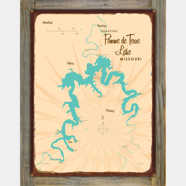 Pomme de Terre Lake Missouri, Wood-Mounted Rustic Metal Sign Map Art