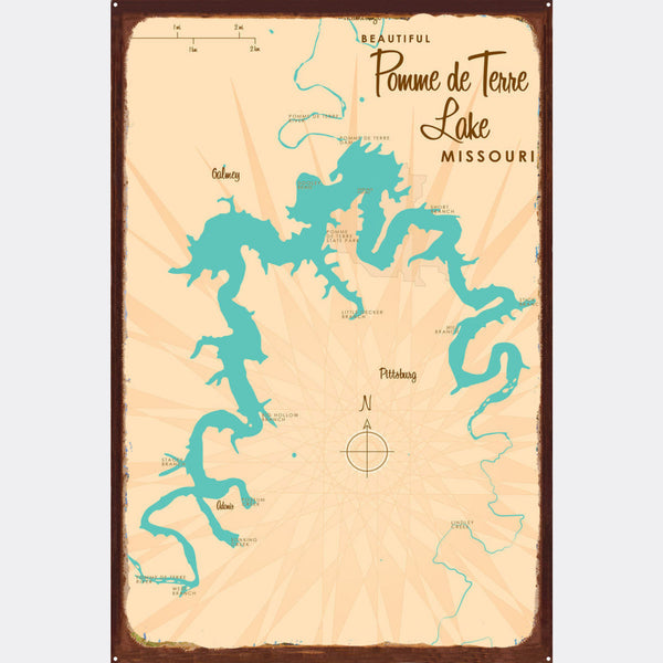 Pomme de Terre Lake Missouri, Rustic Metal Sign Map Art