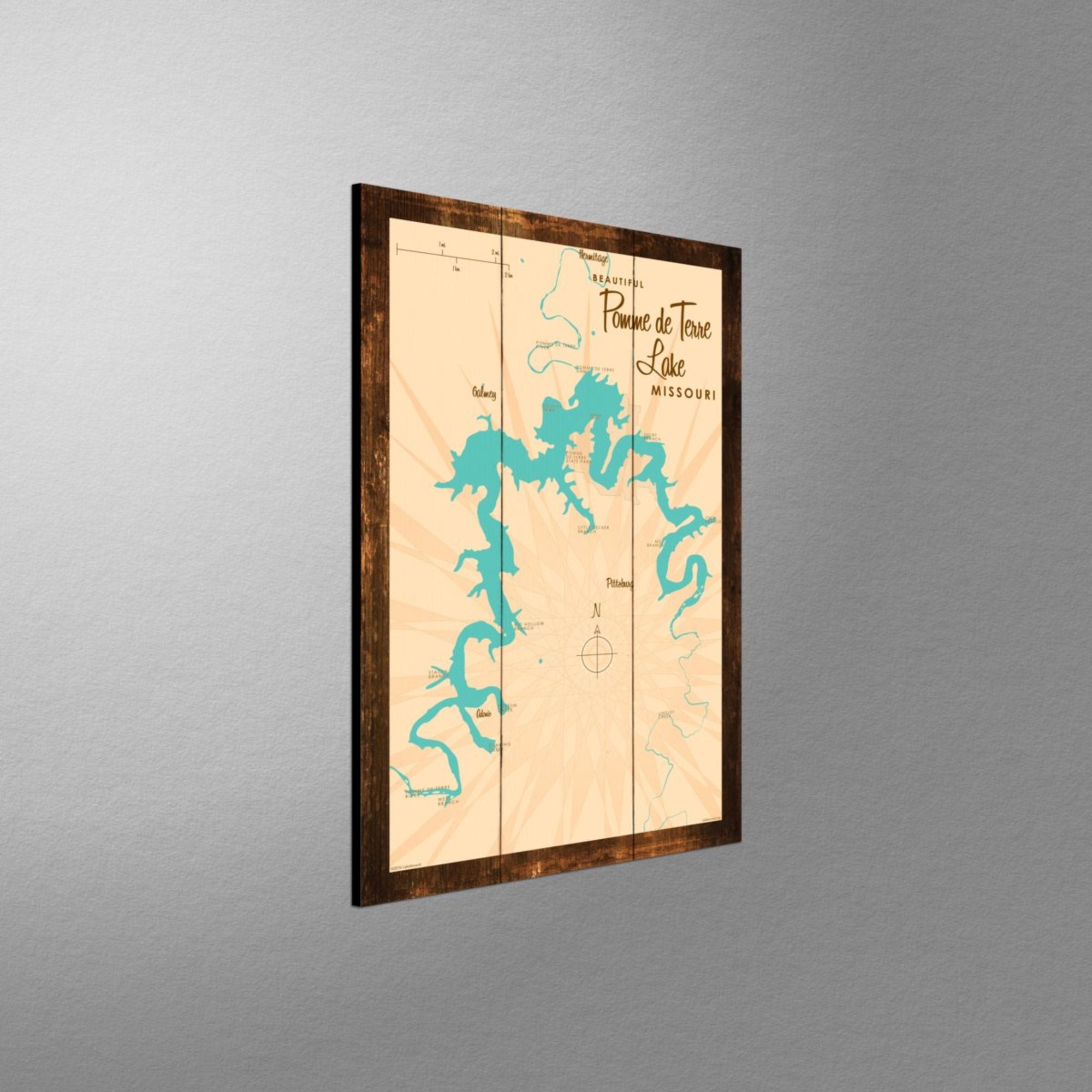 Pomme de Terre Lake Missouri, Rustic Wood Sign Map Art