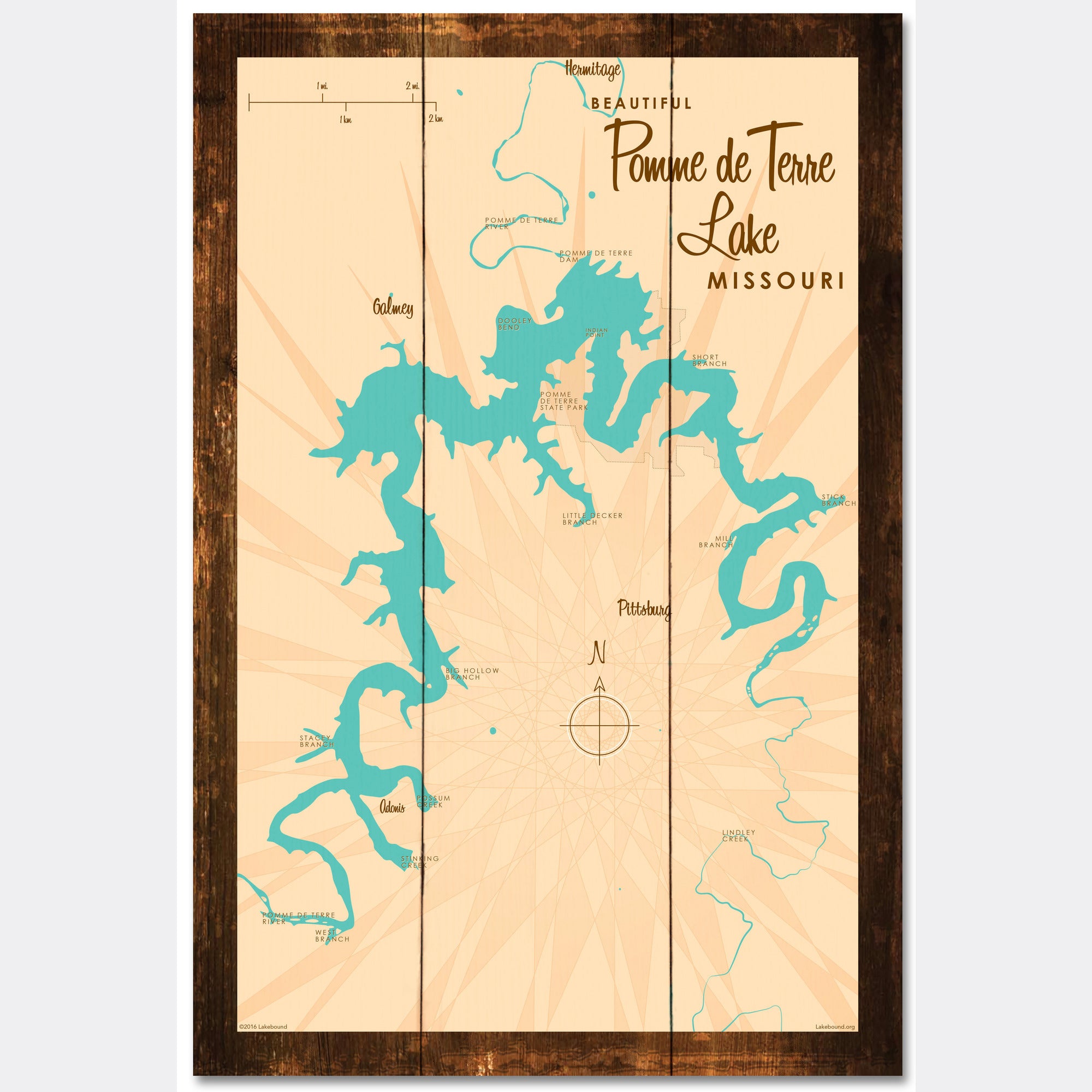 Pomme de Terre Lake Missouri, Rustic Wood Sign Map Art