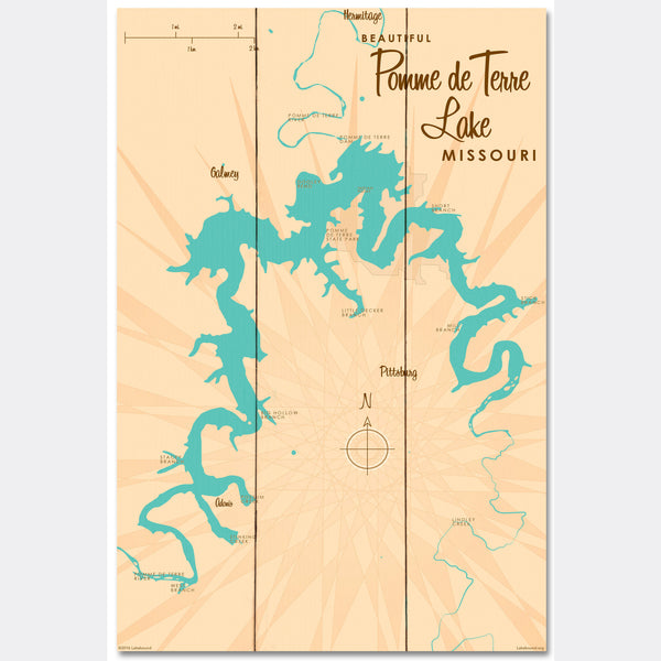 Pomme de Terre Lake Missouri, Wood Sign Map Art