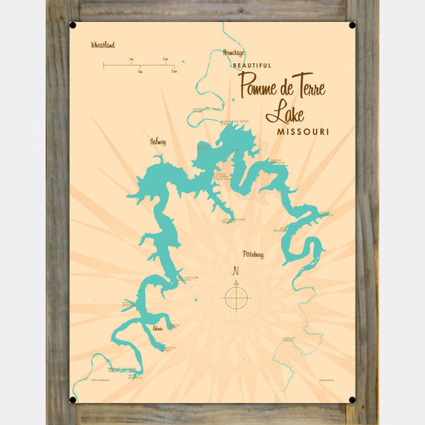 Pomme de Terre Lake Missouri, Wood-Mounted Metal Sign Map Art