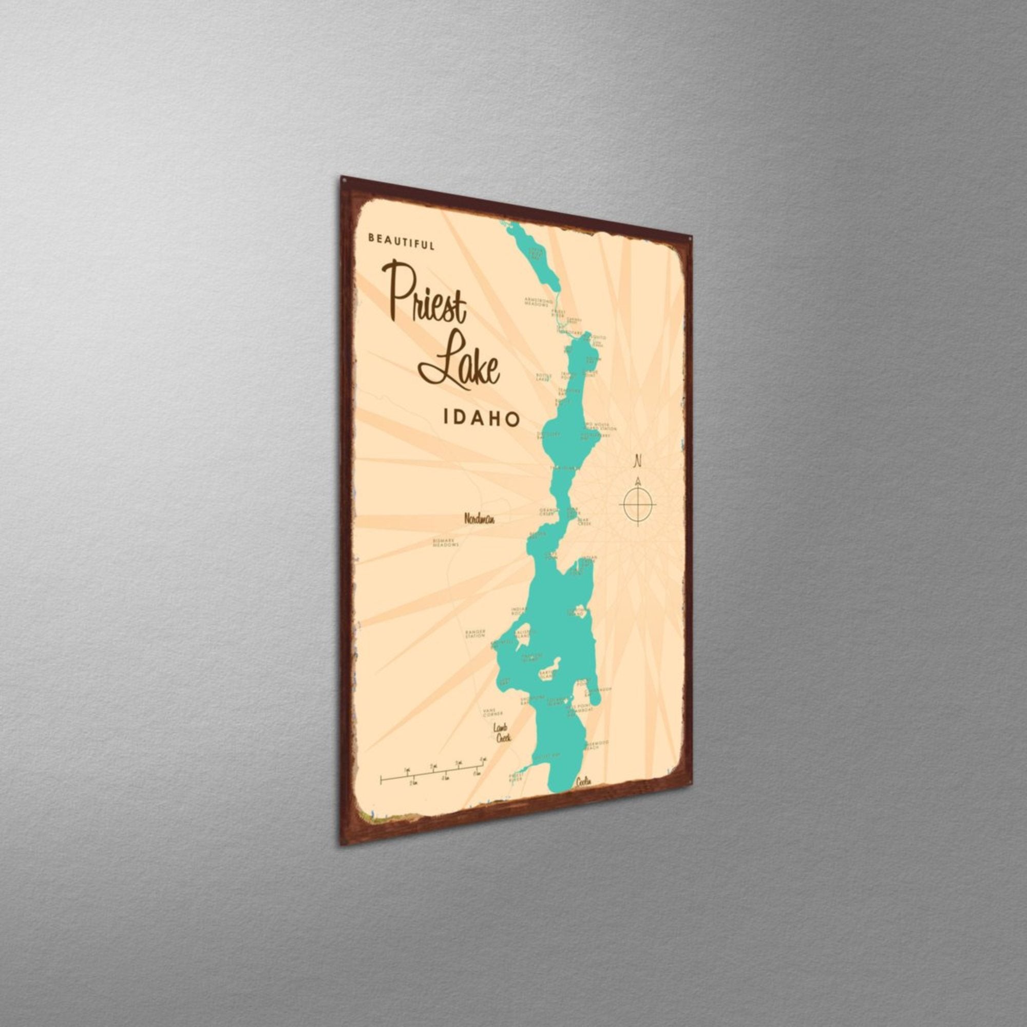 Priest Lake Idaho, Rustic Metal Sign Map Art