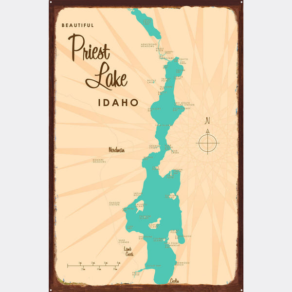 Priest Lake Idaho, Rustic Metal Sign Map Art