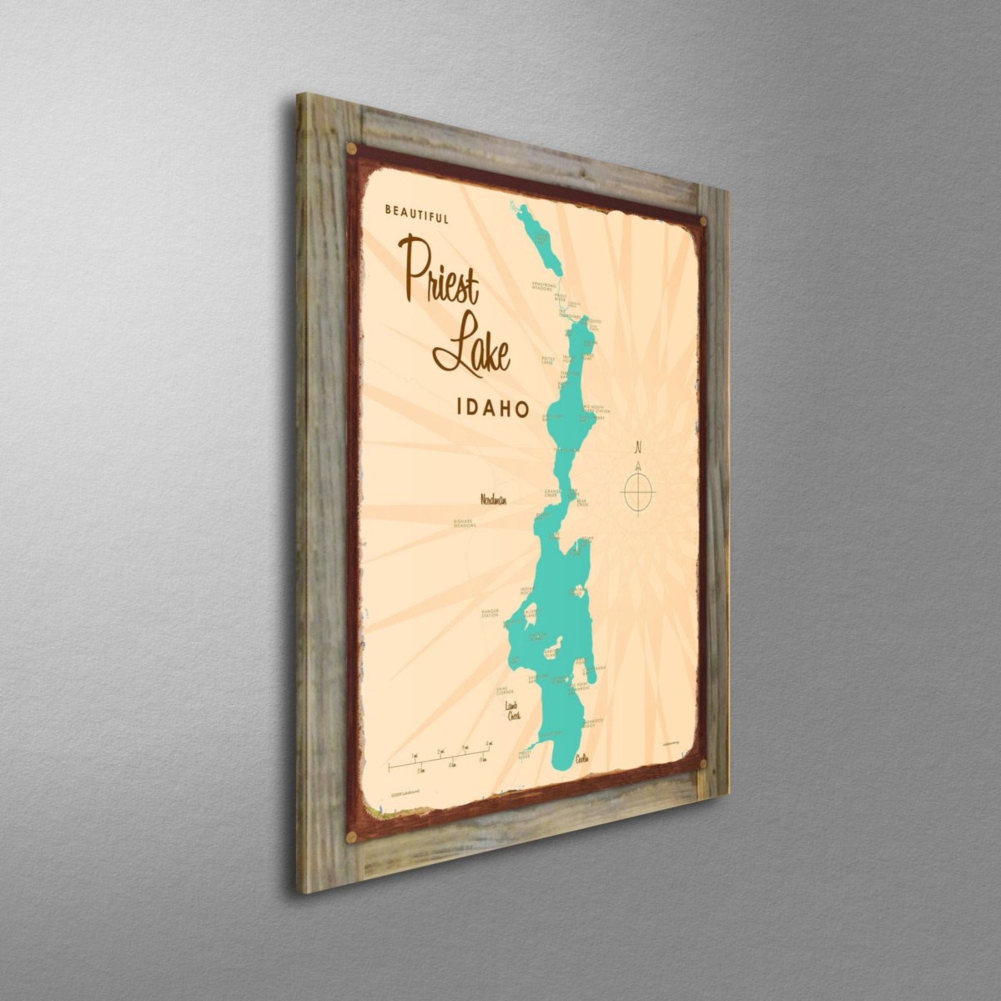 Priest Lake Idaho, Wood-Mounted Rustic Metal Sign Map Art