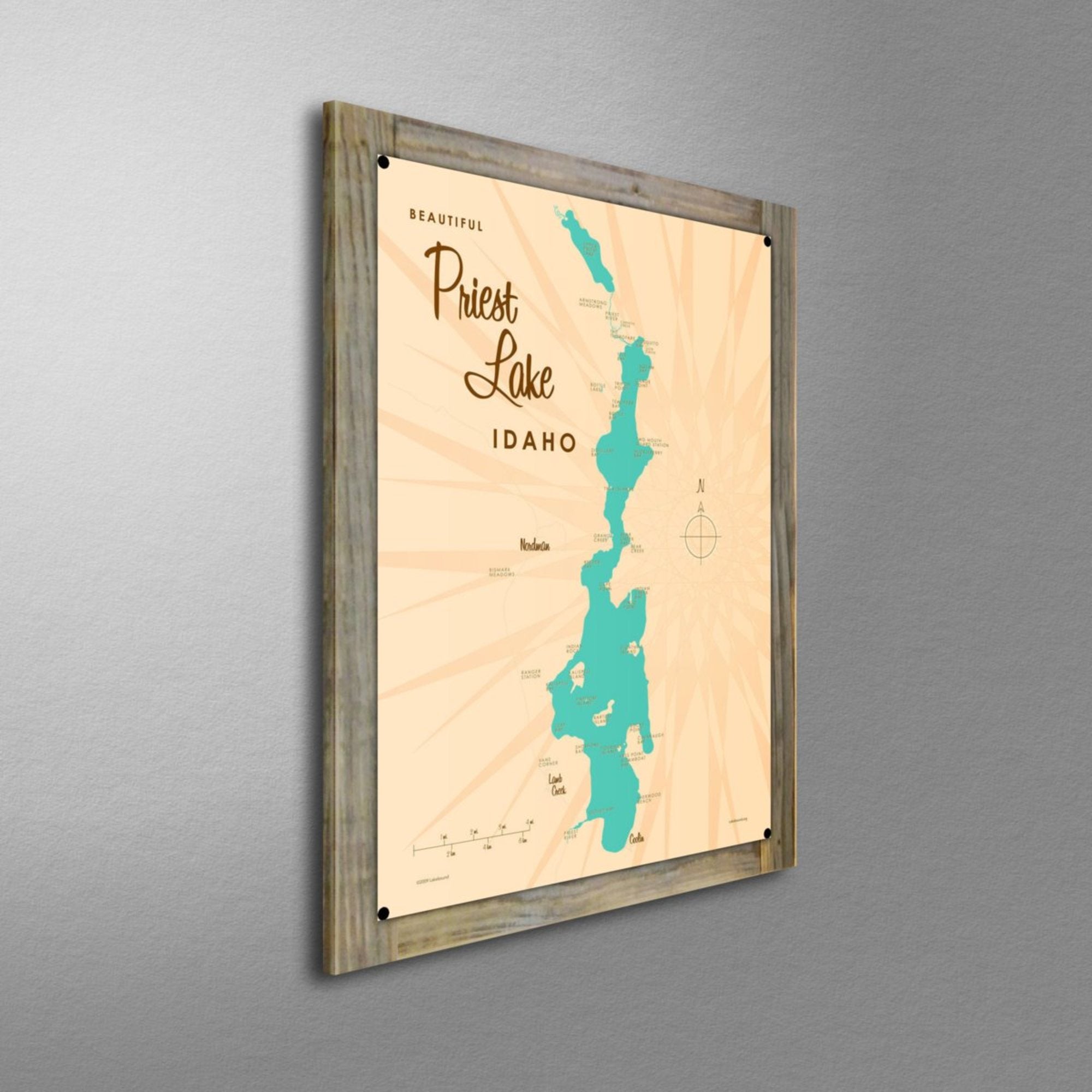 Priest Lake Idaho, Wood-Mounted Metal Sign Map Art