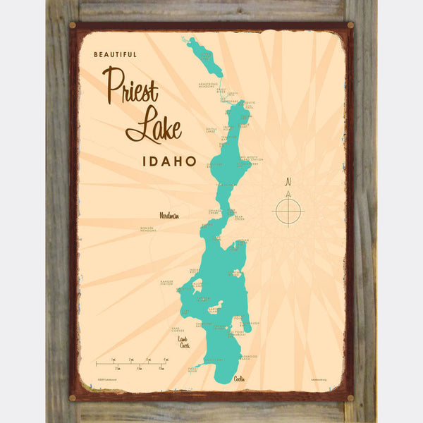 Priest Lake Idaho, Wood-Mounted Rustic Metal Sign Map Art