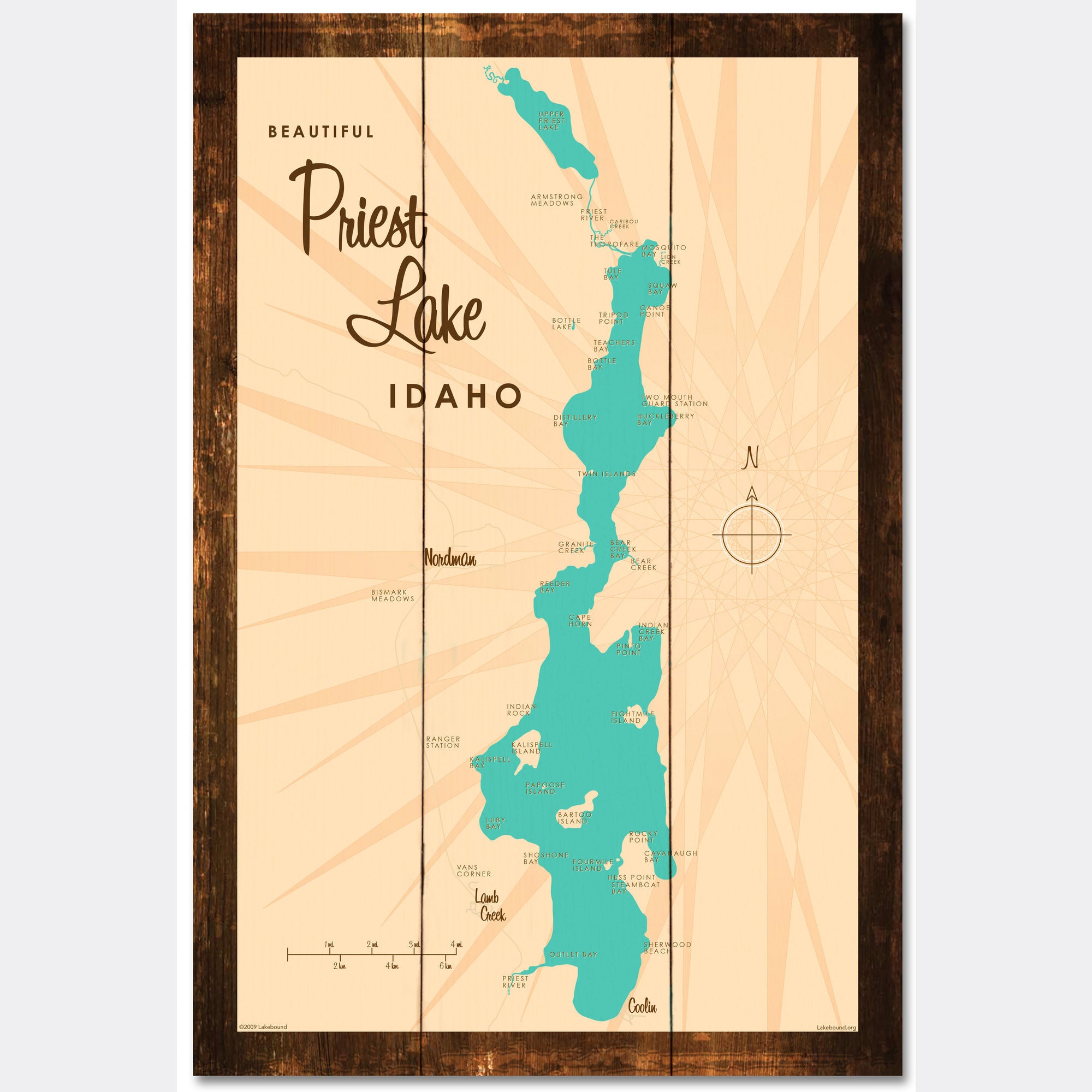 Priest Lake Idaho, Rustic Wood Sign Map Art