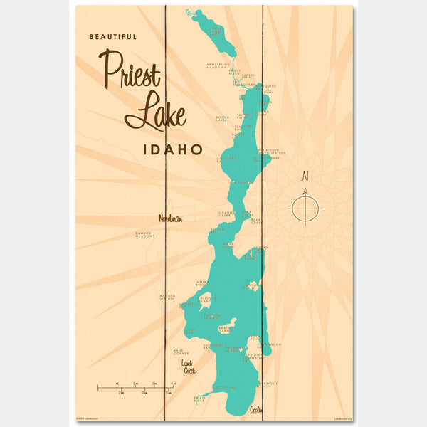 Priest Lake Idaho, Wood Sign Map Art