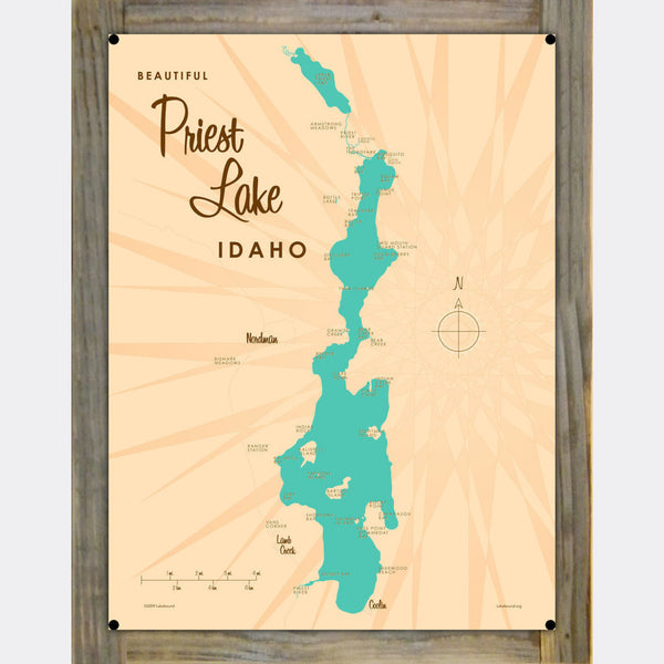 Priest Lake Idaho, Wood-Mounted Metal Sign Map Art