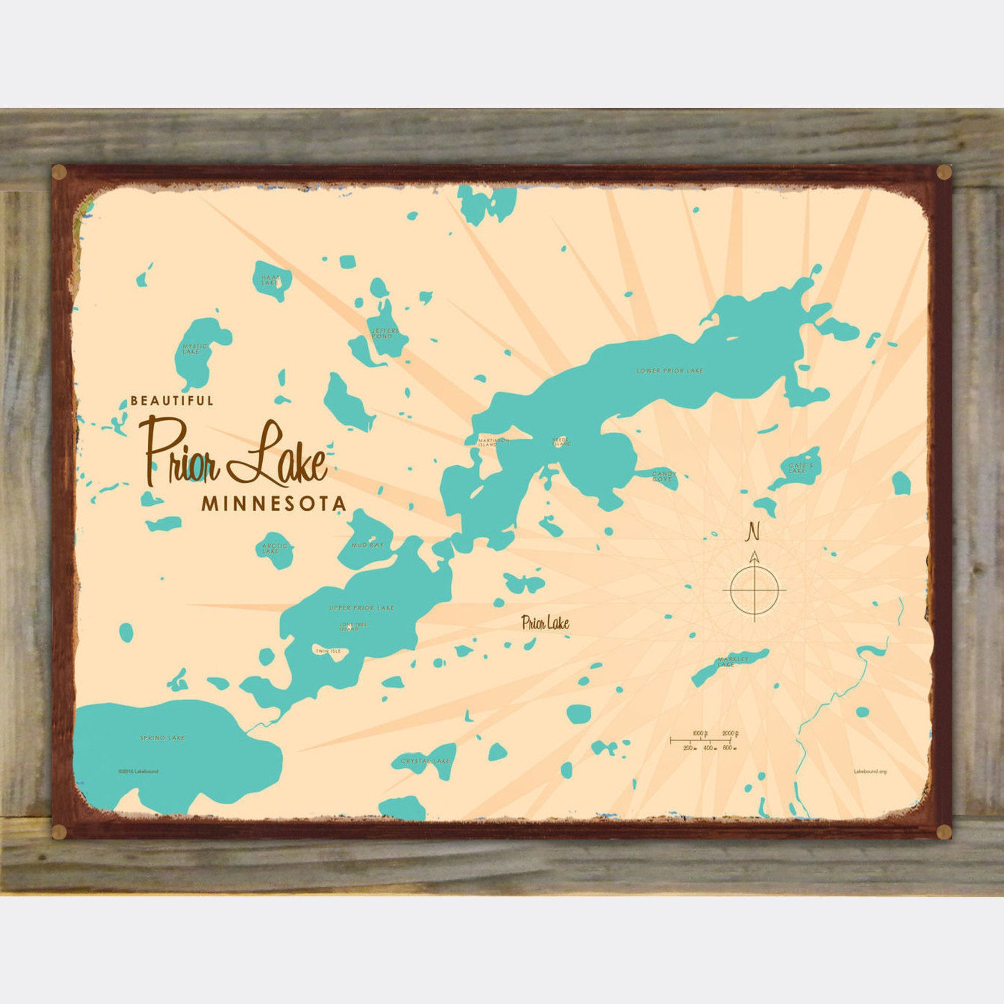 Prior Lake Minnesota, Wood-Mounted Rustic Metal Sign Map Art