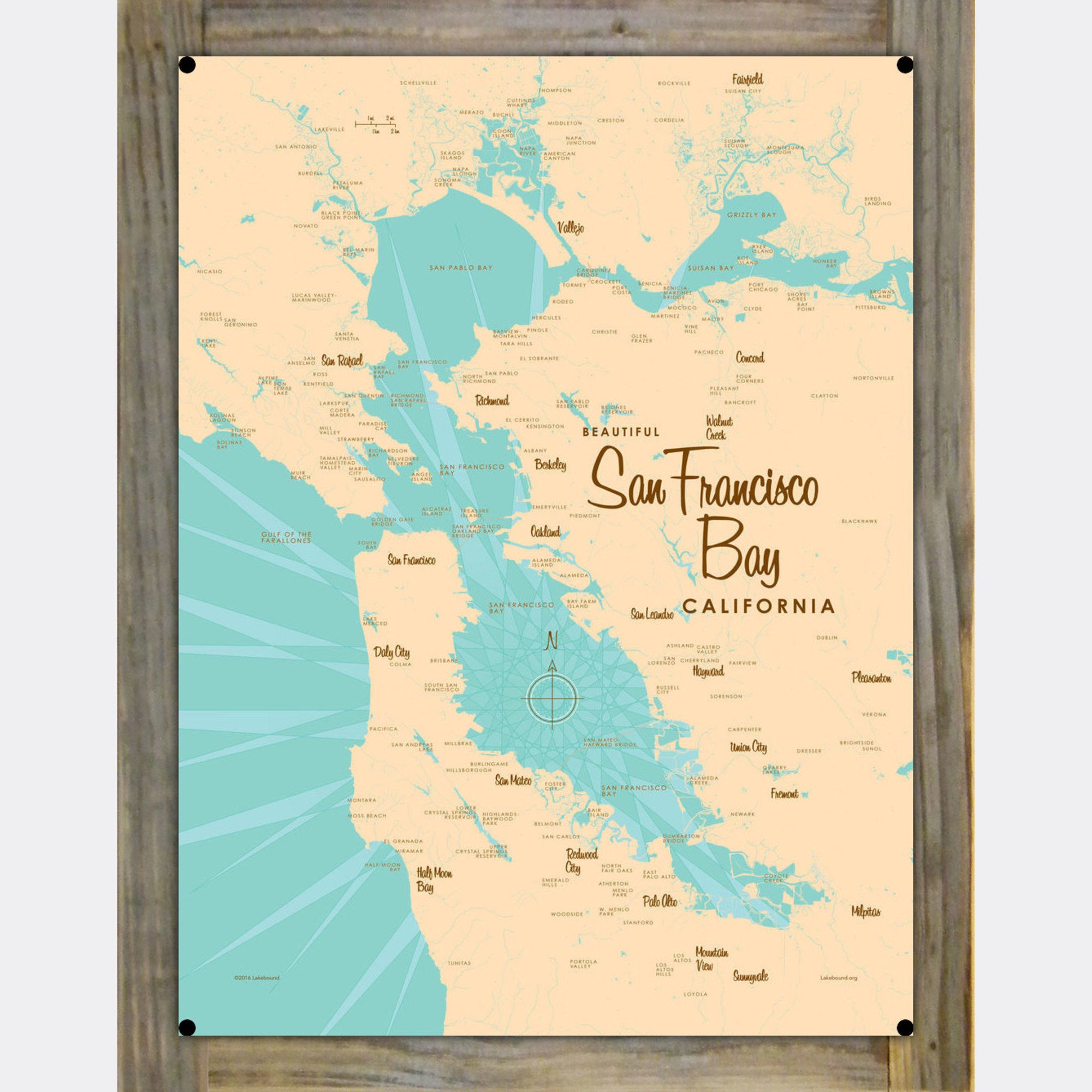 San Francisco Bay California, Wood-Mounted Metal Sign Map Art