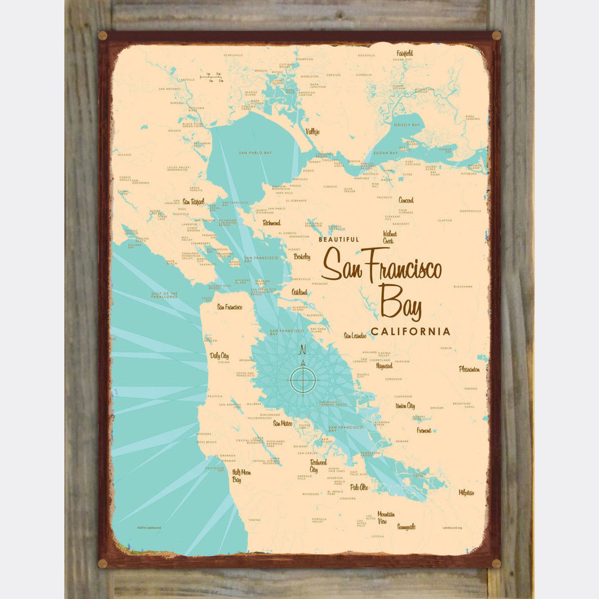 San Francisco Bay California, Wood-Mounted Rustic Metal Sign Map Art