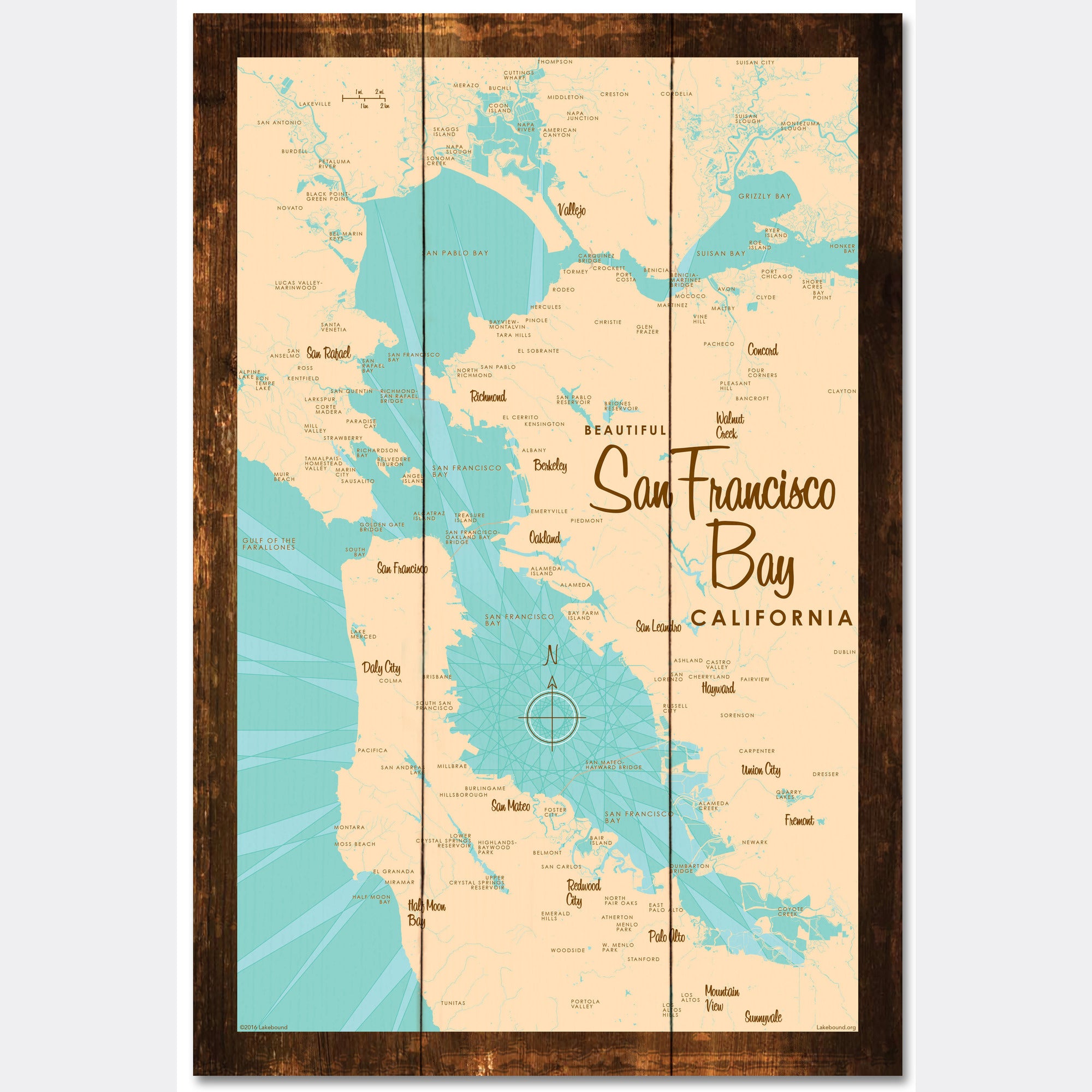 San Francisco Bay California, Rustic Wood Sign Map Art