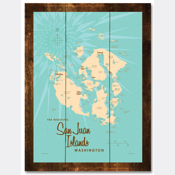 San Juan Islands Washington, Rustic Wood Sign Map Art