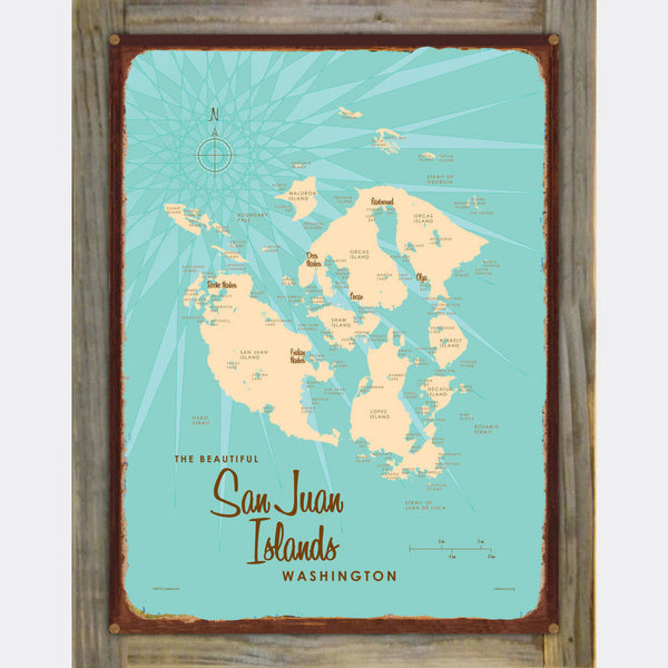 San Juan Islands Washington, Wood-Mounted Rustic Metal Sign Map Art