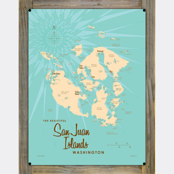 San Juan Islands Washington, Wood-Mounted Metal Sign Map Art