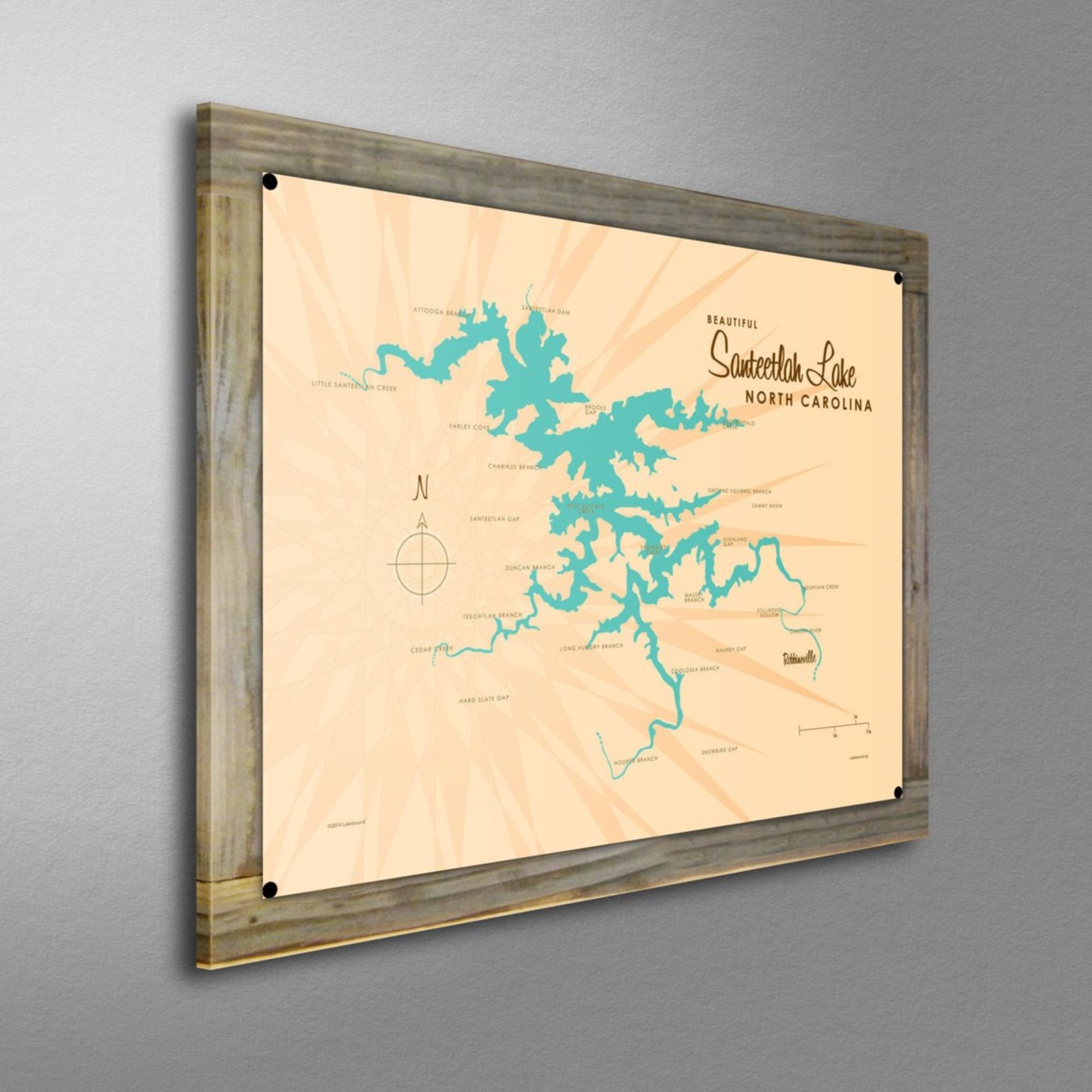 Santeetlah Lake North Carolina, Wood-Mounted Metal Sign Map Art